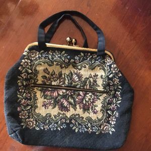 Vintage needlepoint/tapestry black with pink flowers carpet bag